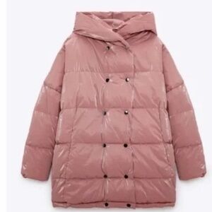 Zara Hooded Puffer Coat in pink with a double-breasted closure and high collar